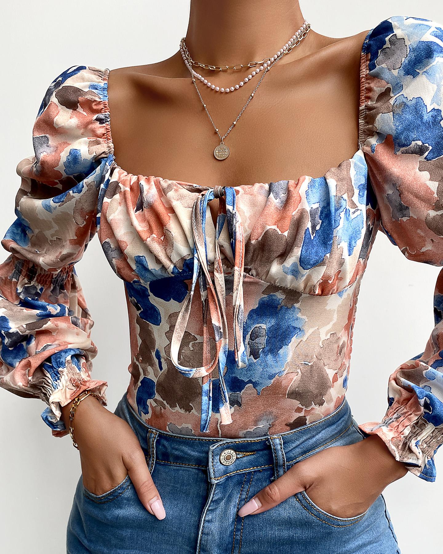 

Tie Dye Print Puff Sleeve Shirring Detail Top, Blue