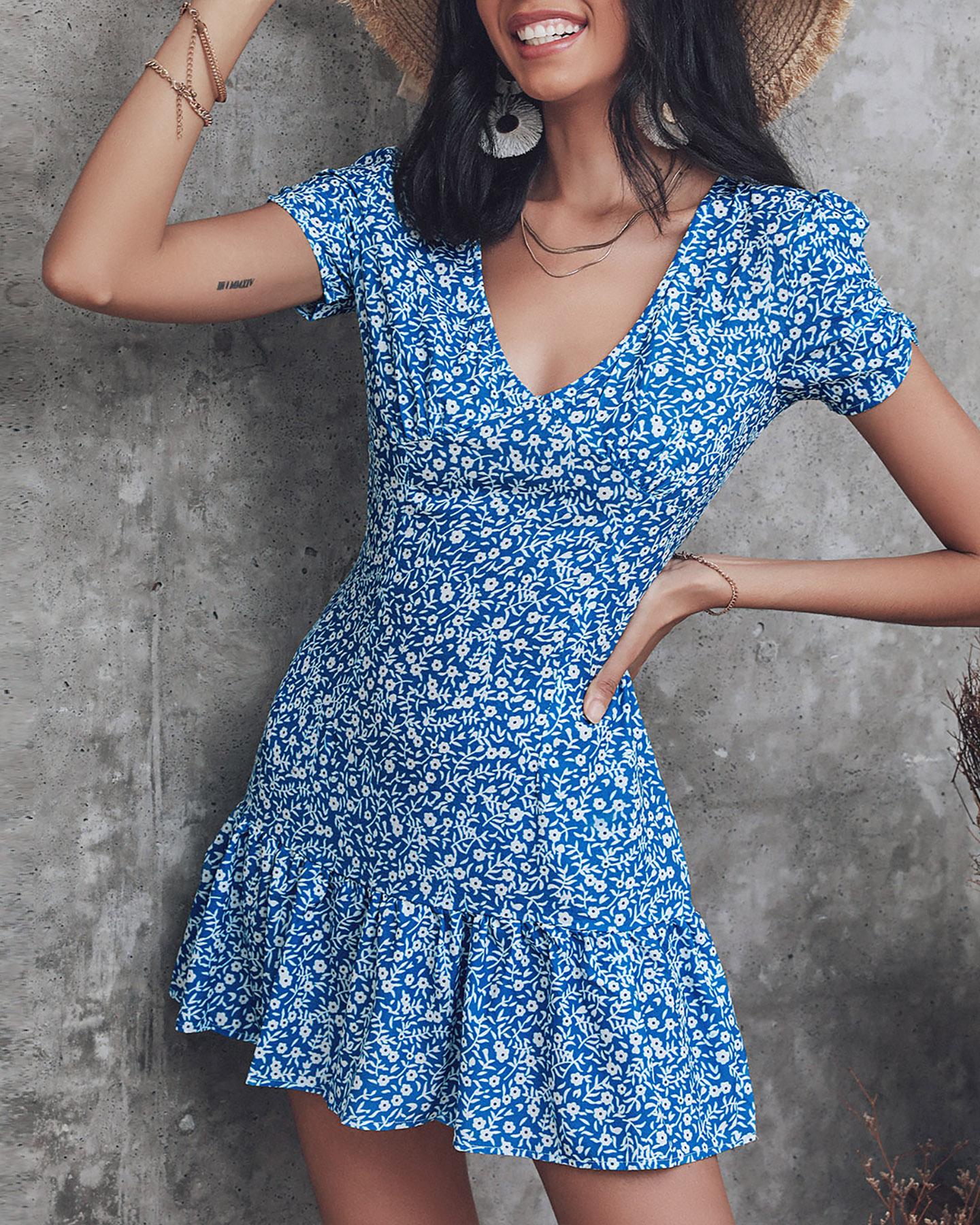 

Floral V-Neck Mini Dress, Blue