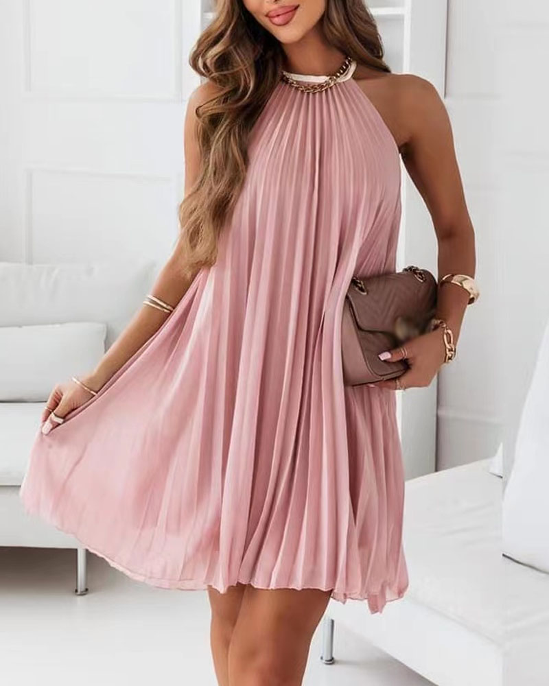 

Sleeveless Halter Chiffon Pleated Dress, Pink