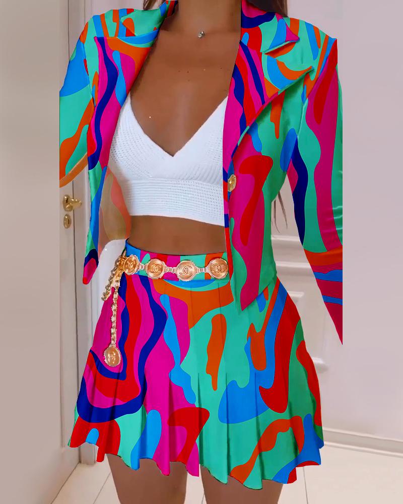 

Abstract Print Long Sleeve Blazer & Pleated Skirt Set, Multicolor