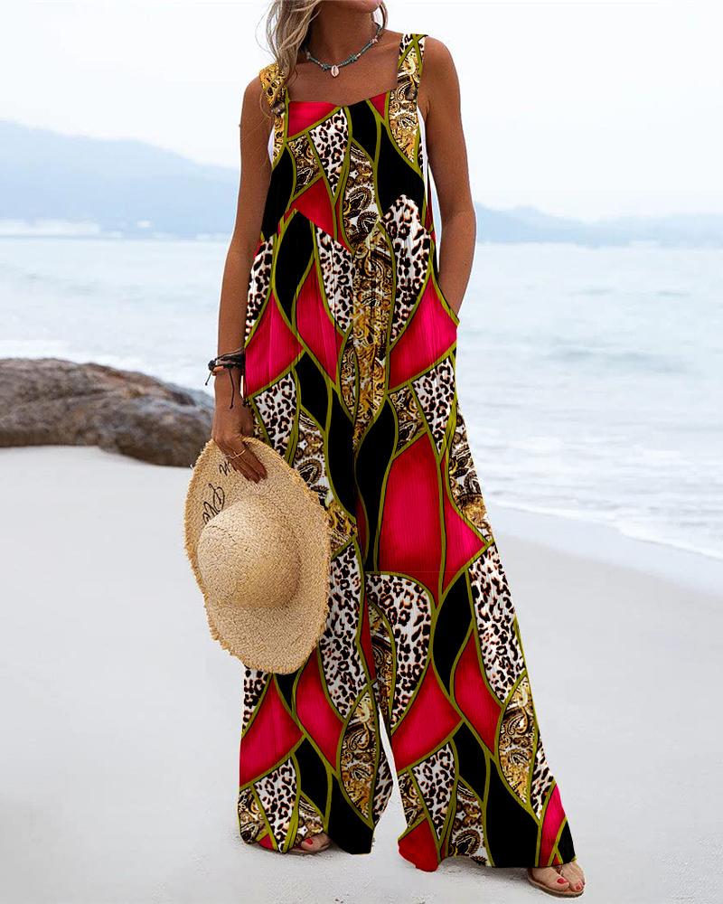 

Baroque Leopard Print Wide Leg Suspender Jumpsuit, Red