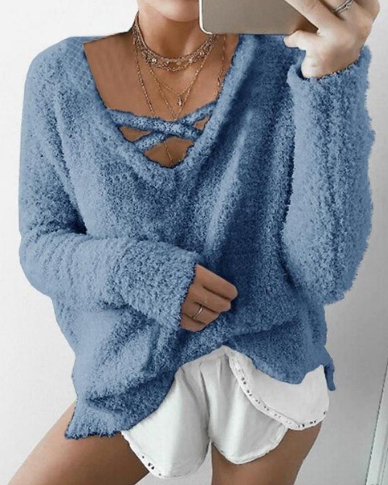 

Solid Color Loose Knitting Sweater, Blue