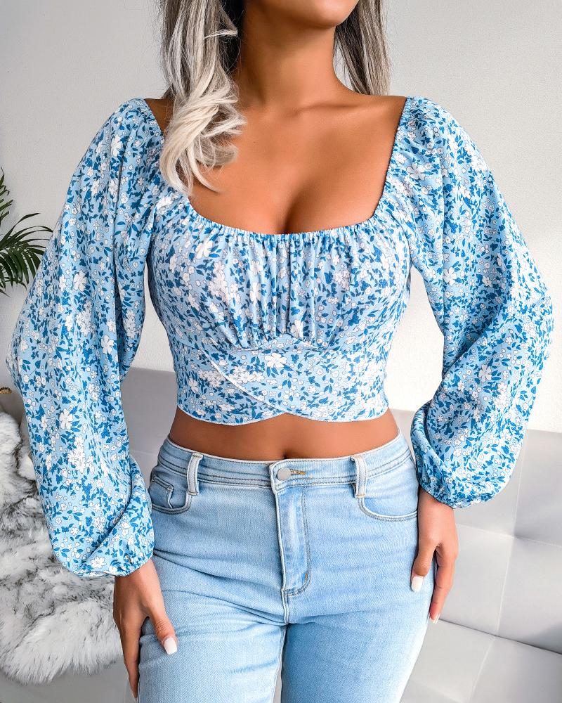 

Ditsy Floral Print Lantern Sleeve Crop Top, Blue