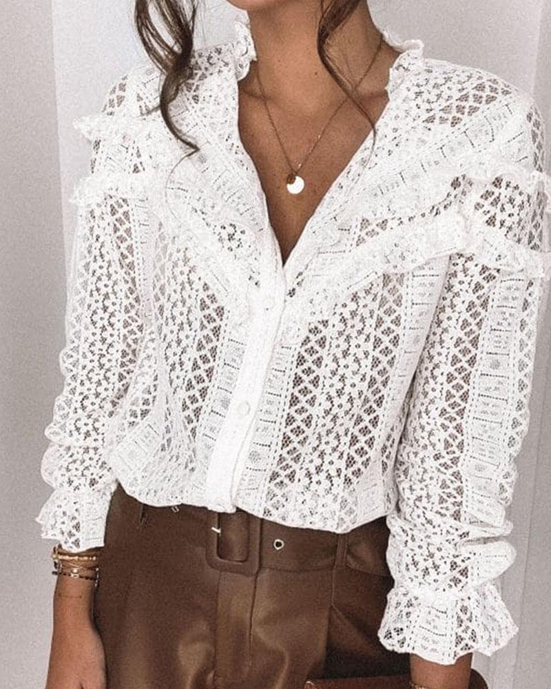 

Solid Color Floral Mesh Single-breasted Long Sleeve Shirt, White