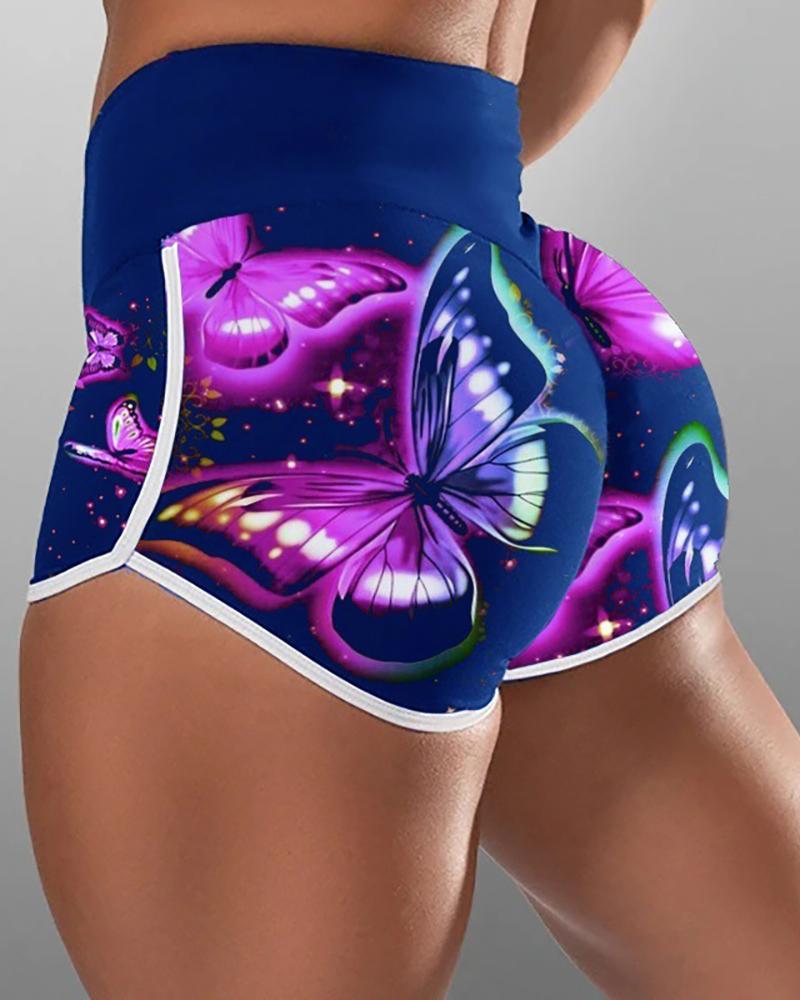 

Butterfly Print High Waist Active Shorts, Dark blue