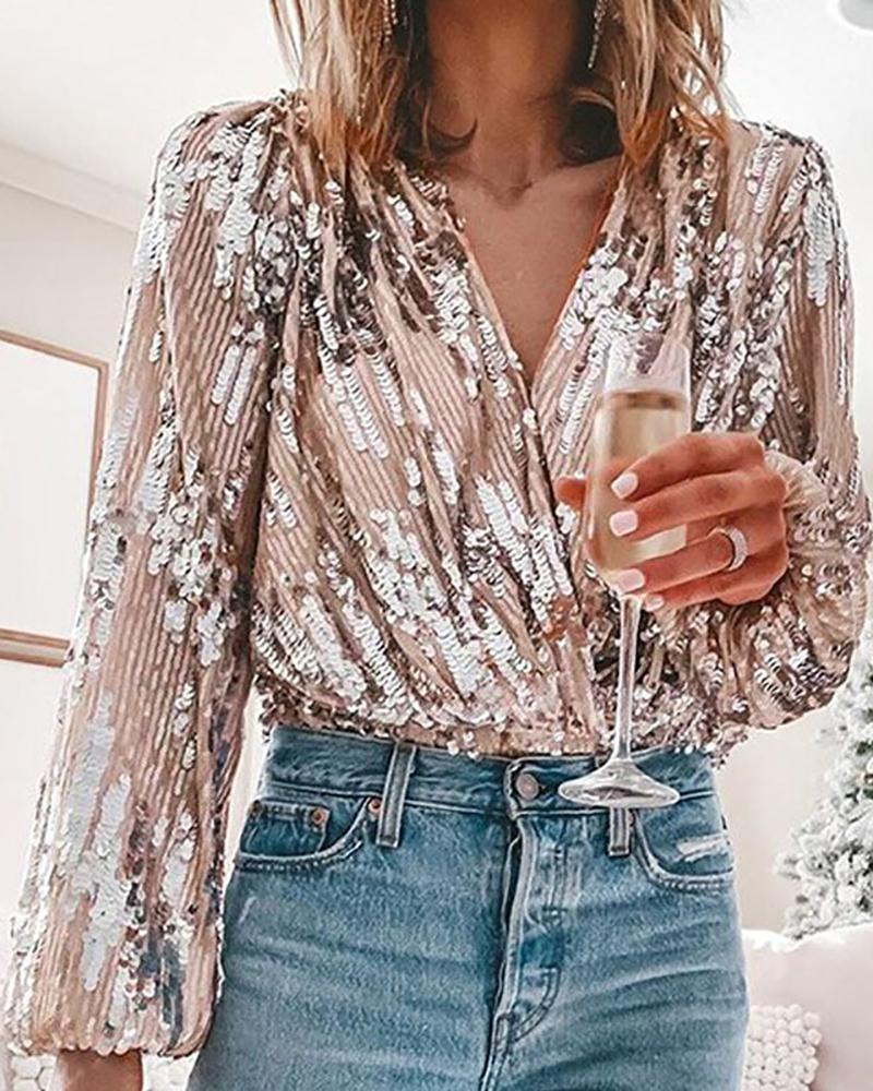 

Lantern Sleeve Sequins Plunge Top, Silver