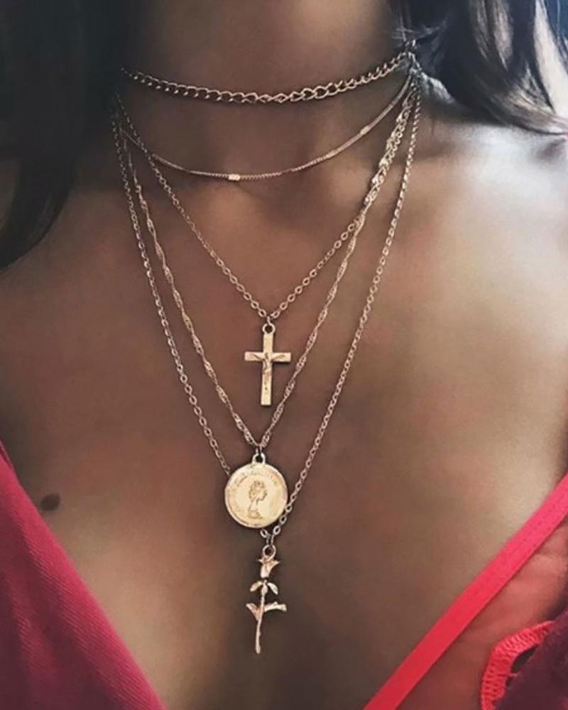 

Cross & Floral & Coin Pattern Layered Necklace, Gold