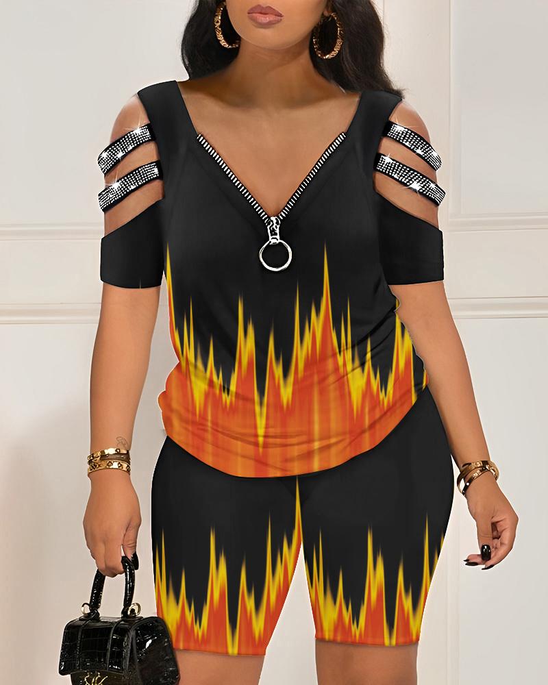 

Abstract Print Colorblock Cold Shoulder Top & Shorts Set, Orange