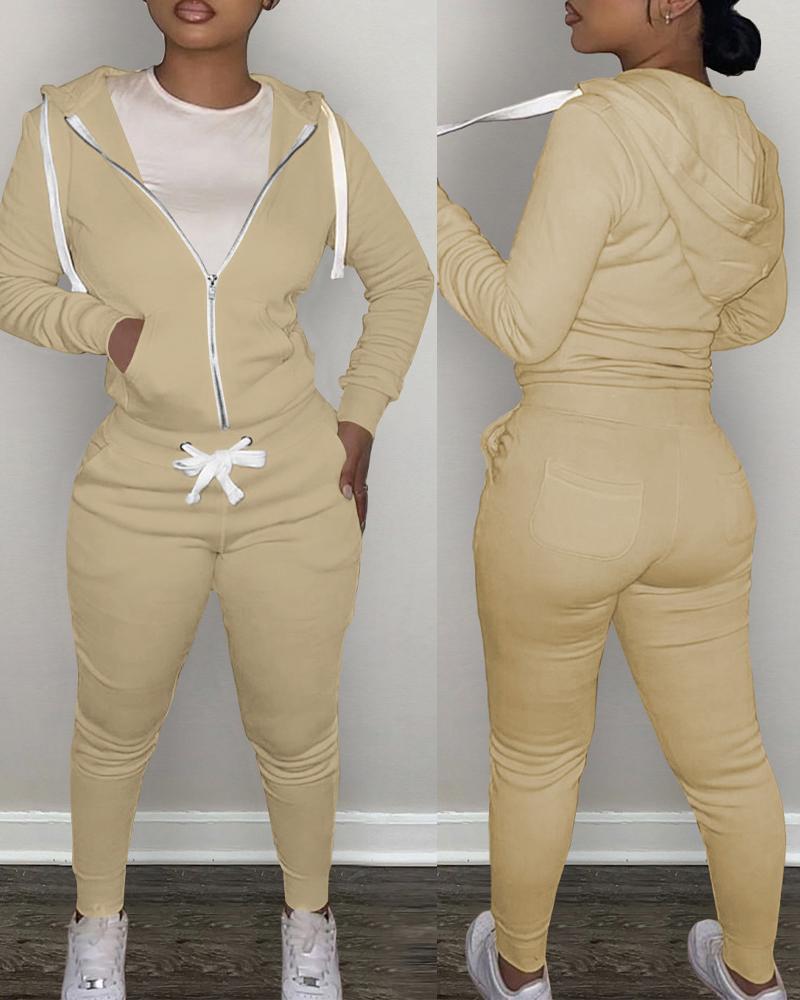 

Long Sleeve Zip Up Hooded Top & Drawstring Pants Set, Khaki