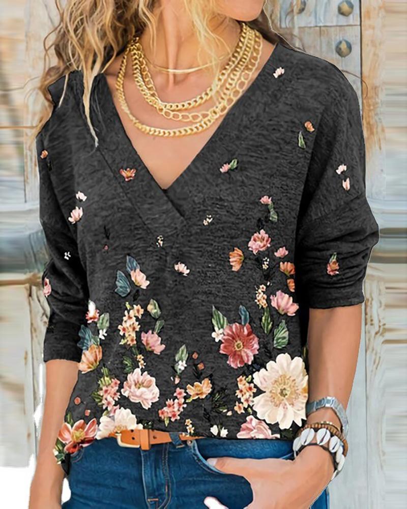 

Floral Print Long Sleeve V-Neck Women Top, Black