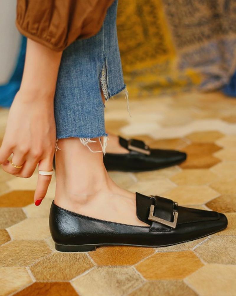 

Square-toe Solid Color Shallow Mouth Loafers, Black