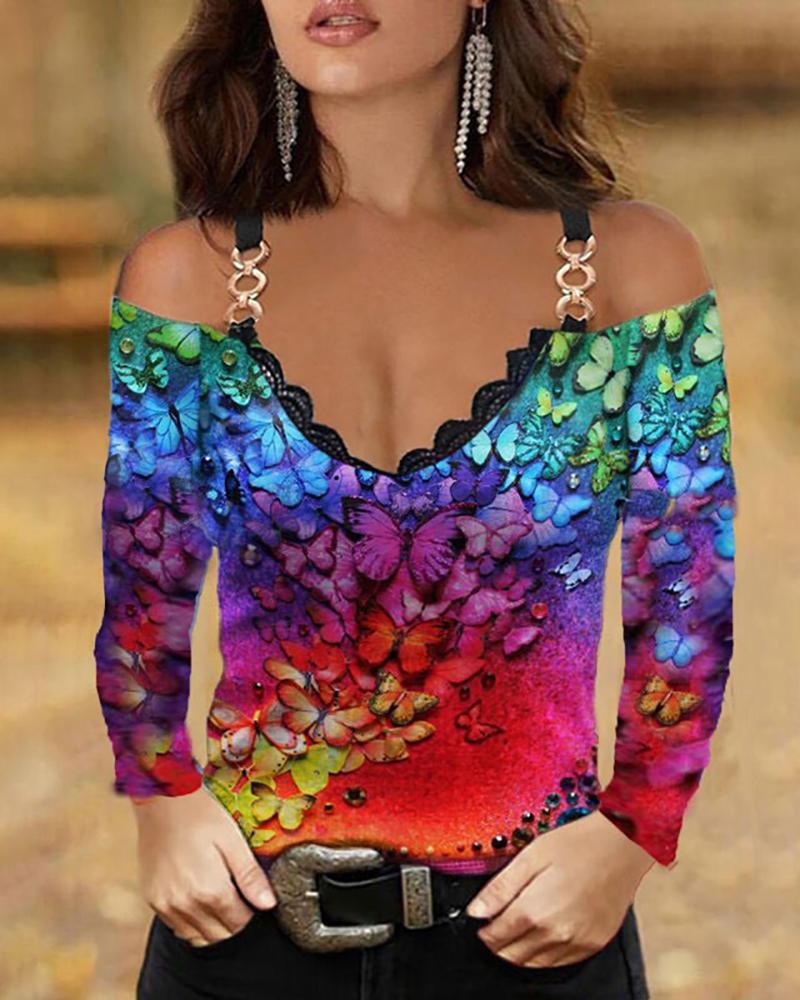 

Butterfly Print Colorblock Cold Shoulder Lace Trim Top, Multicolor
