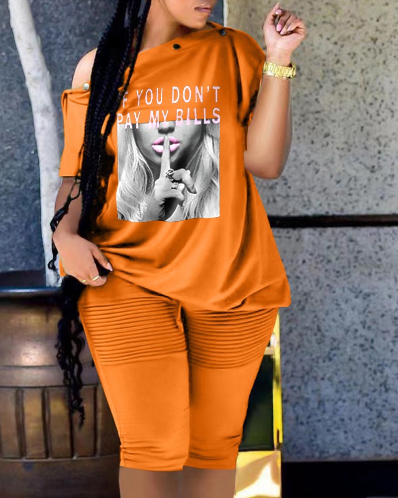 

Slogan Print Skew Neck Top & Shorts Set, Orange