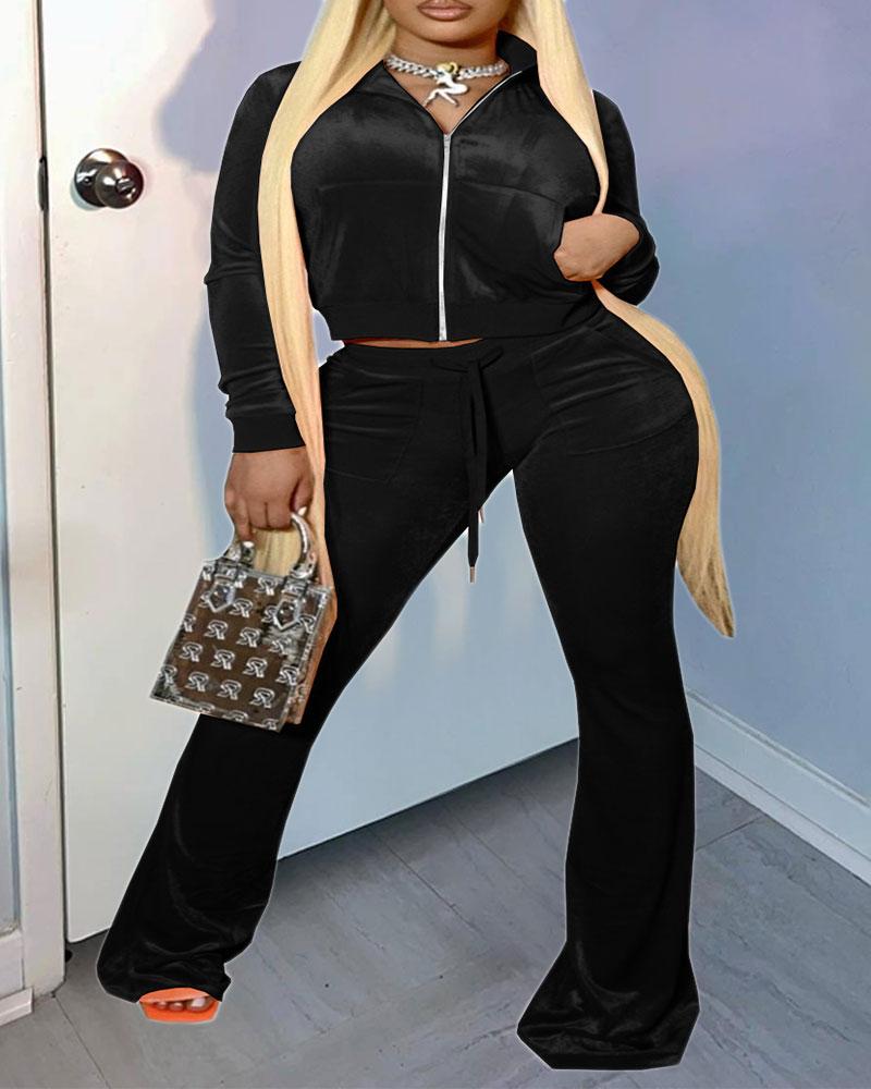 

Plus Size Velvet Zip Up Crop Top & Drawstring Pants Set, Black