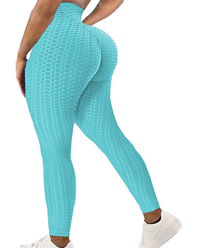 

High Waisted Bubble Textured Butt Lifting Scrunch Yoga Leggings, Lighted blue