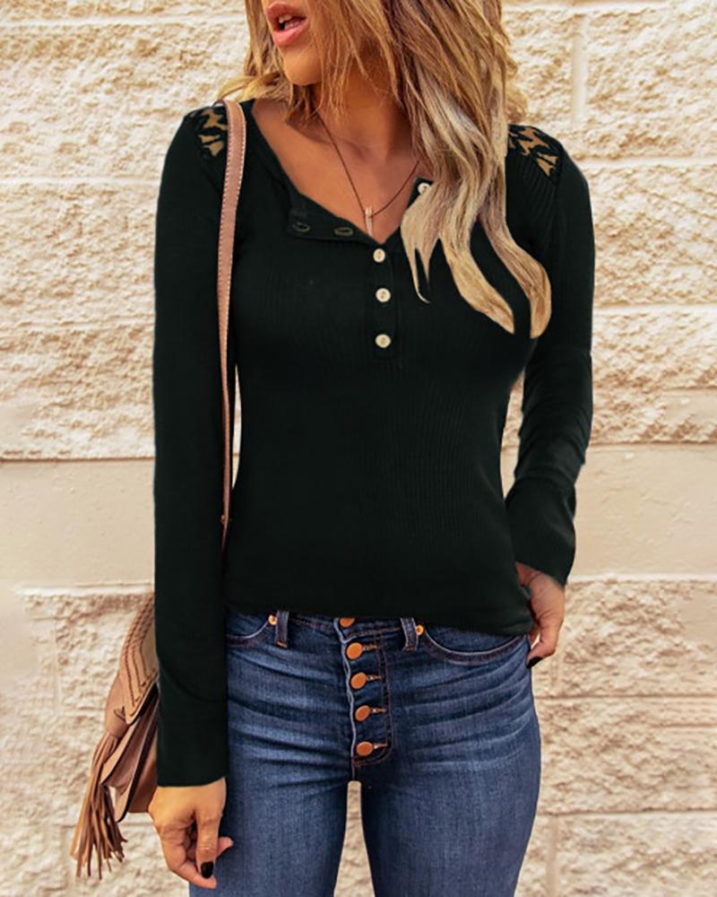 

Long Sleeve Lace Patch Button Front Top, Black
