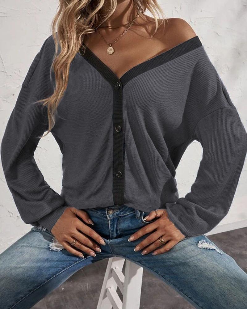 

Contrast Paneled Button Front Long Sleeve Top, Dark grey