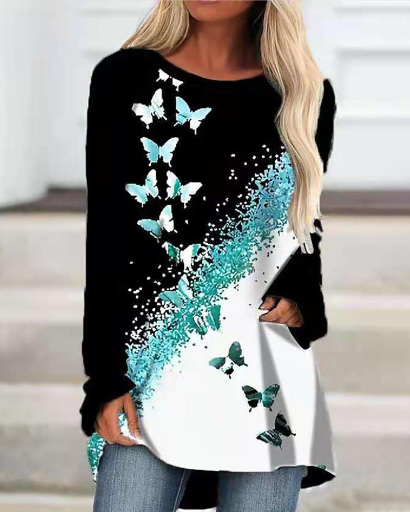 

Long Sleeve Butterfly Print Colorblock Top, Green