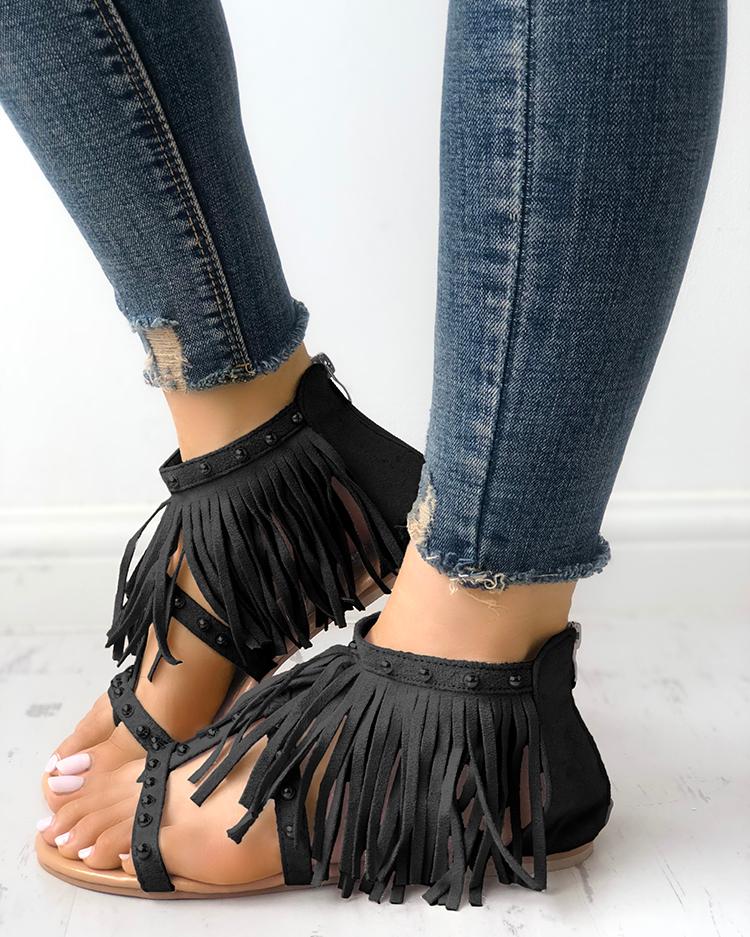 

Rivet Tassel Open Toe Flat Sandals, Black