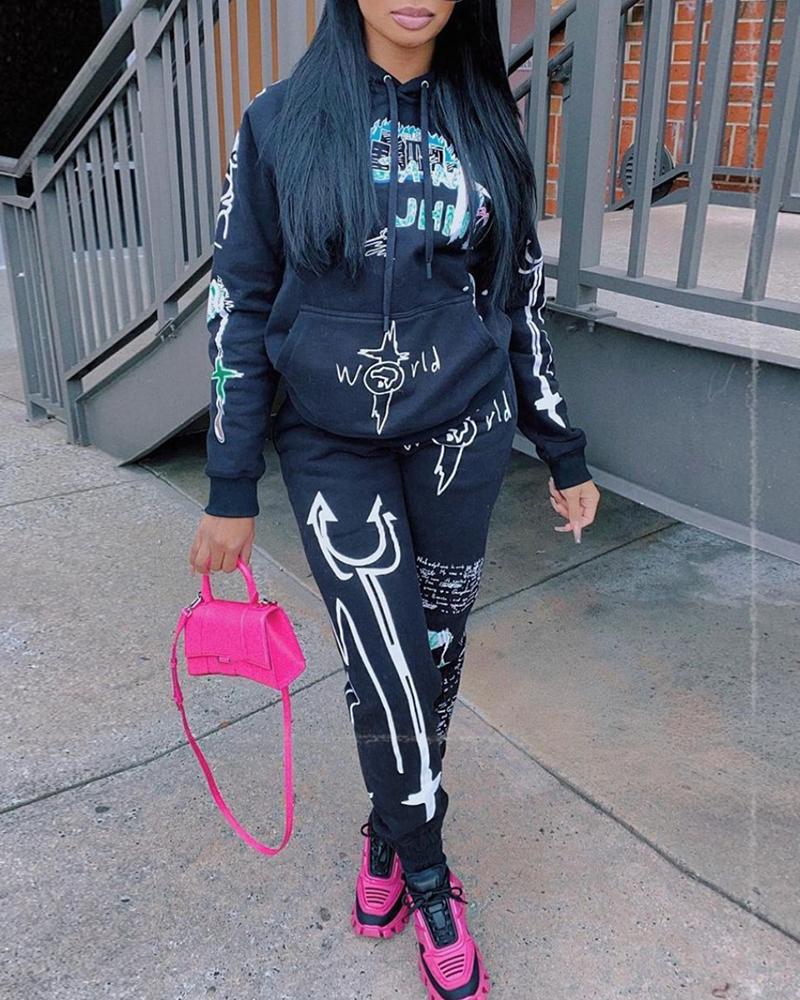 

Cartoon Letter Print Hooded Women Top & Drawstring Pants Set, Black