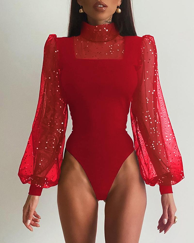 

Sheer Mesh Sequins Puff Lantern Sleeve Skinny Bodysuit, Red