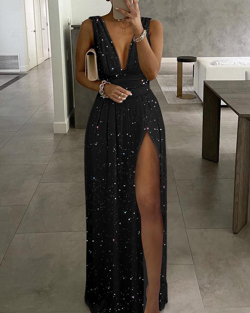 

Glitter Deep V-Neck High Slit Dress, Black