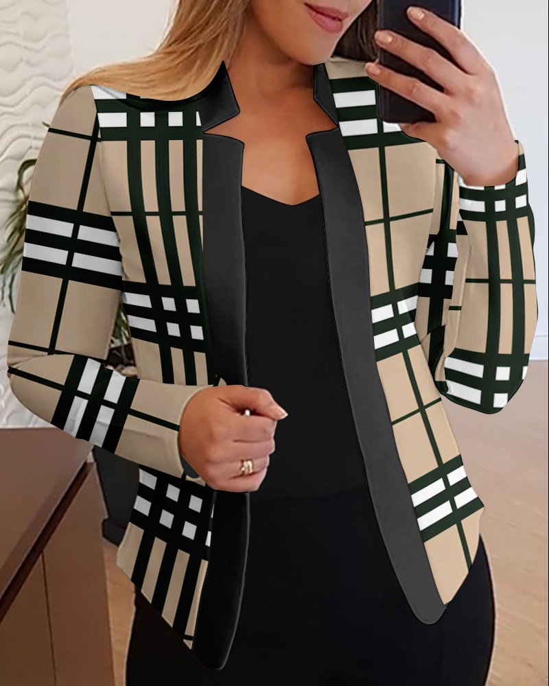 

Colorblock Plaid Print Long Sleeve Coat, Khaki