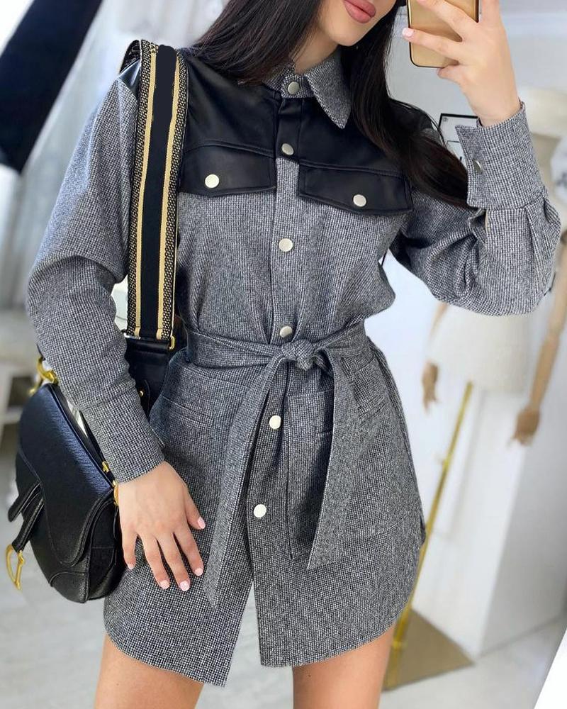 

Long Sleeve PU Leather Patch Buttoned Shirt Dress, Gray