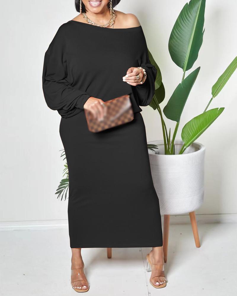 

Plus Size Plain Batwing Sleeve Casual Dress, Black