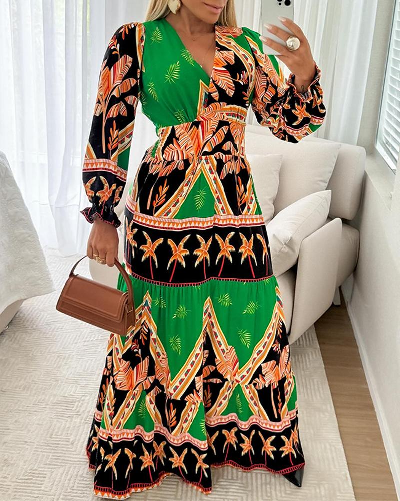 

Colorblock Geometric Tropical Print Long Sleeve Dress, Green