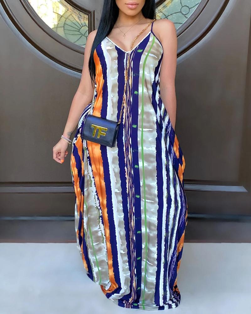 

V-Neck Abstract Striped Print Maxi Dress, Multicolor