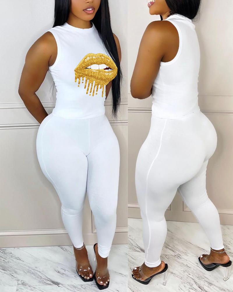 

Lip Print Casual Tank Top & Skinny Pants Set, White