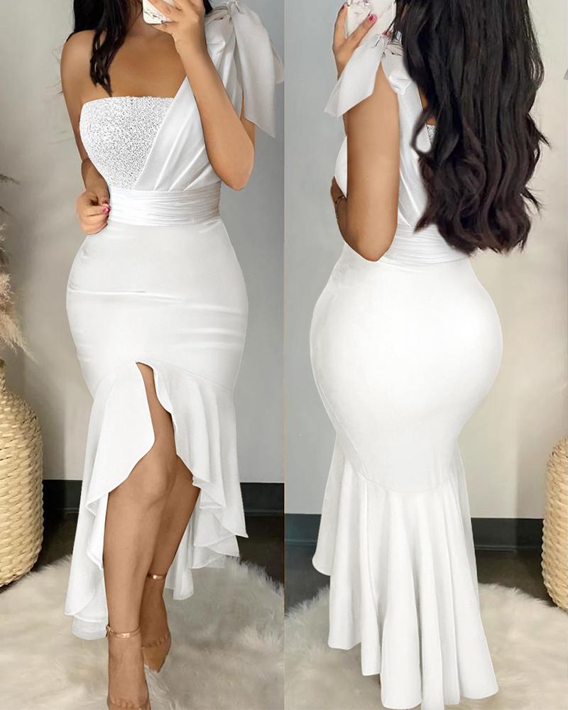 

Contrast Sequin One Shoulder Mermaid Dress, White