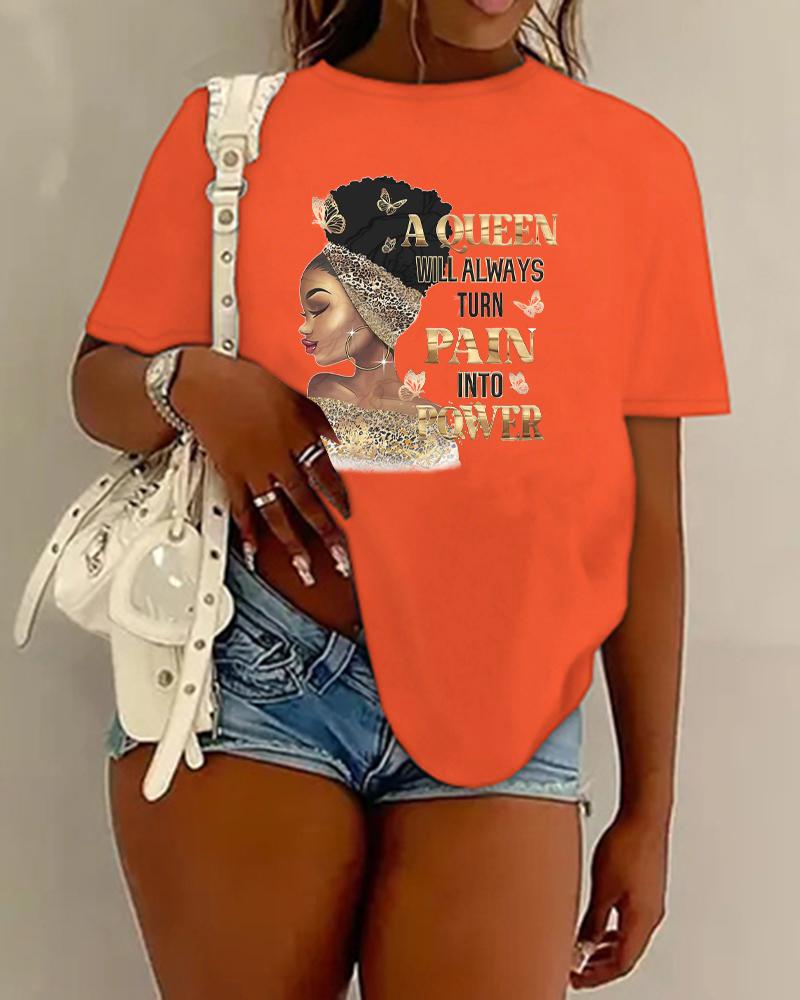 

Figure Queen Slogan Print Crew Neck Casual T-shirt, Orange