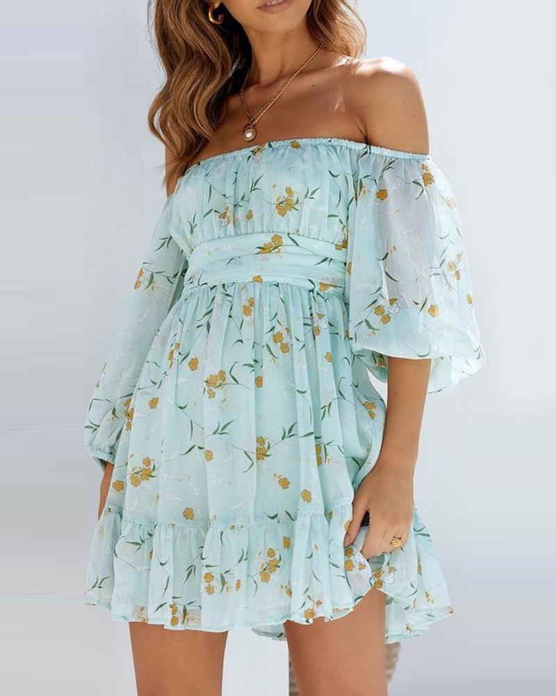 

Off Shoulder Knotted Lantern Sleeve Floral Print Dress, Blue