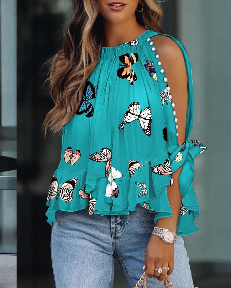 

Butterfly Print Ruffle Hem Beaded Split Sleeve Top, Green
