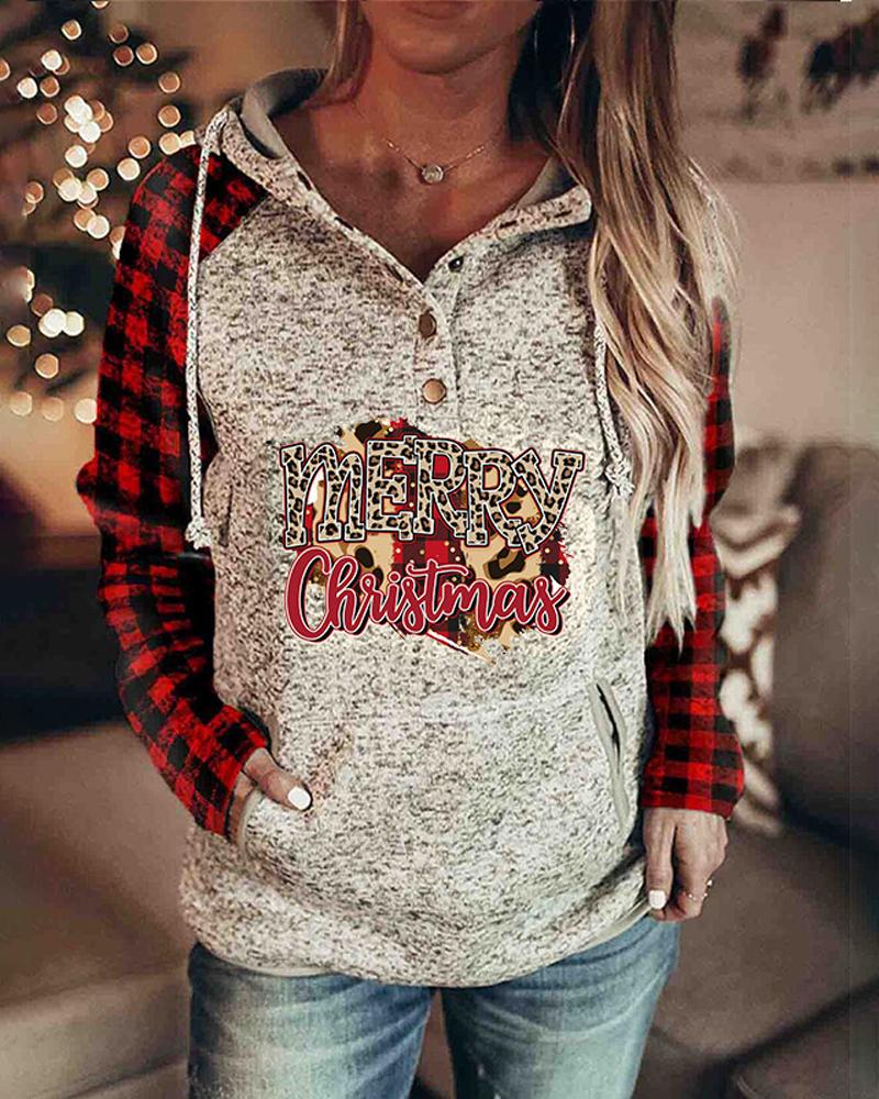 

Christmas Print Button Front Drawstring Hoodie, Style5