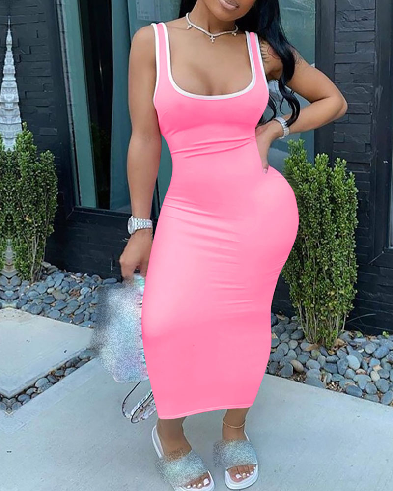 

Contrast Binding Colorblock U-Neck Tank Dress, Pink