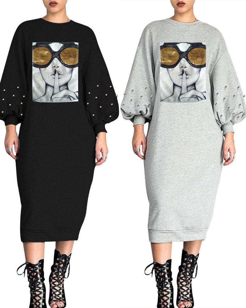 

Graphic Print Lantern Sleeve Beaded Sequins Casual Dress, Black