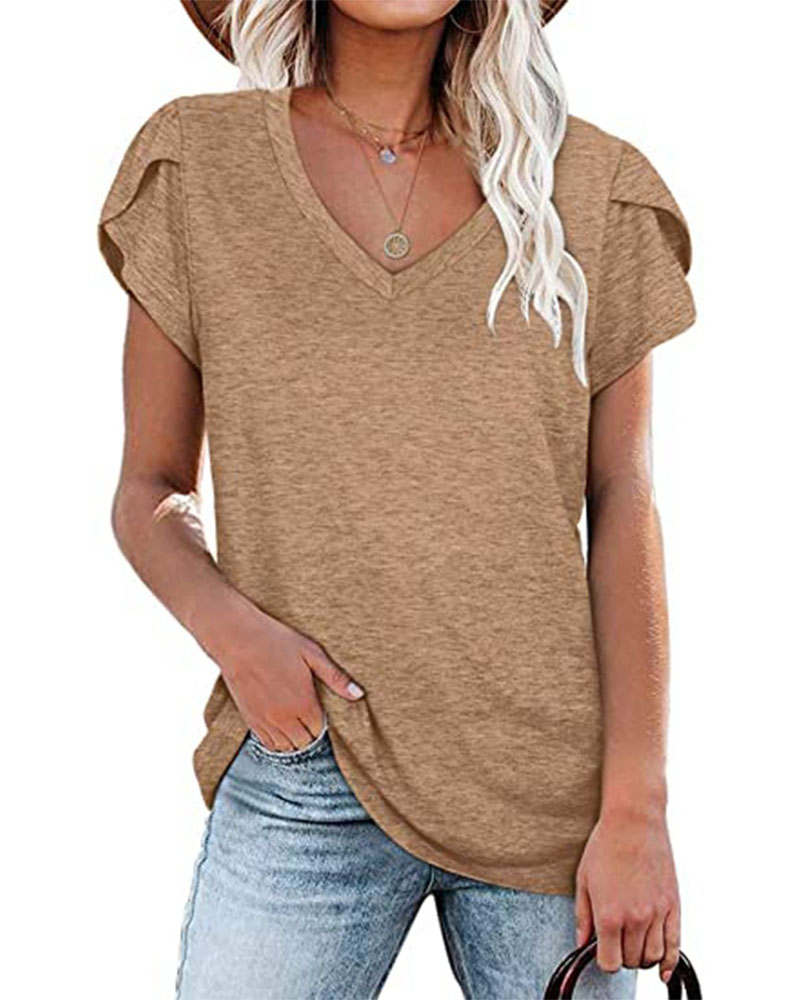 

Petal Short Sleeve V-Neck Casual T-shirt, Khaki
