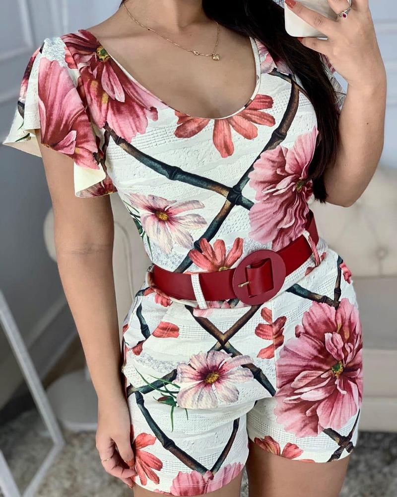 

U Neck Floral Print Ruffles Hem Romper, White