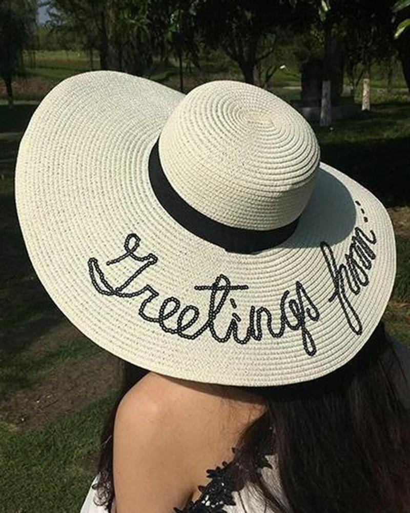 

Letter Pattern Wide Brim Sun Hat, Beige