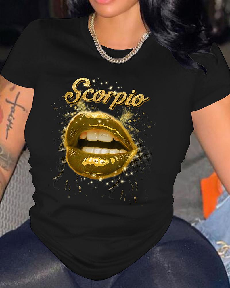 

Lip Letter Print Short Sleeve T-shirt, Black
