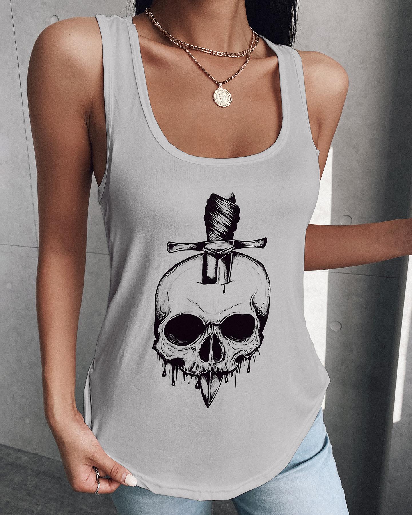 

Skull Print U Neck Tank, Gray