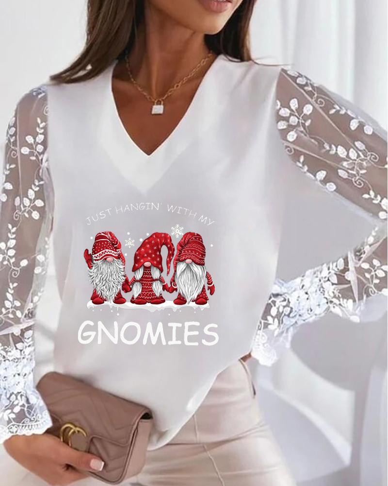

Christmas Gnome Print Contrast Lace Long Sleeve Top, White