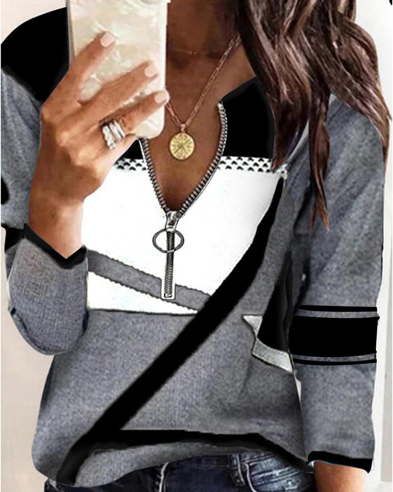

Geometric Print Zip Front Long Sleeve Top, Gray
