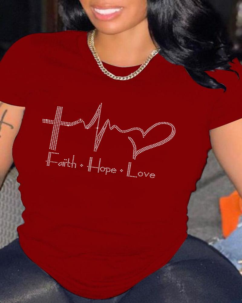 

Rhinestone Letter Heart Pattern Casual T-shirt, Wine red