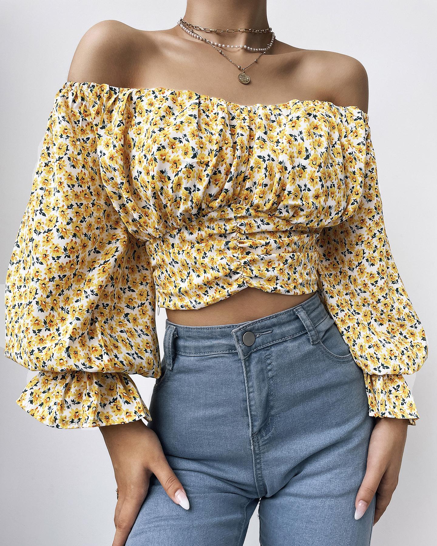 

Off Shoulder Ditsy Floral Print Ruched Lantern Sleeve Blouse, Yellow