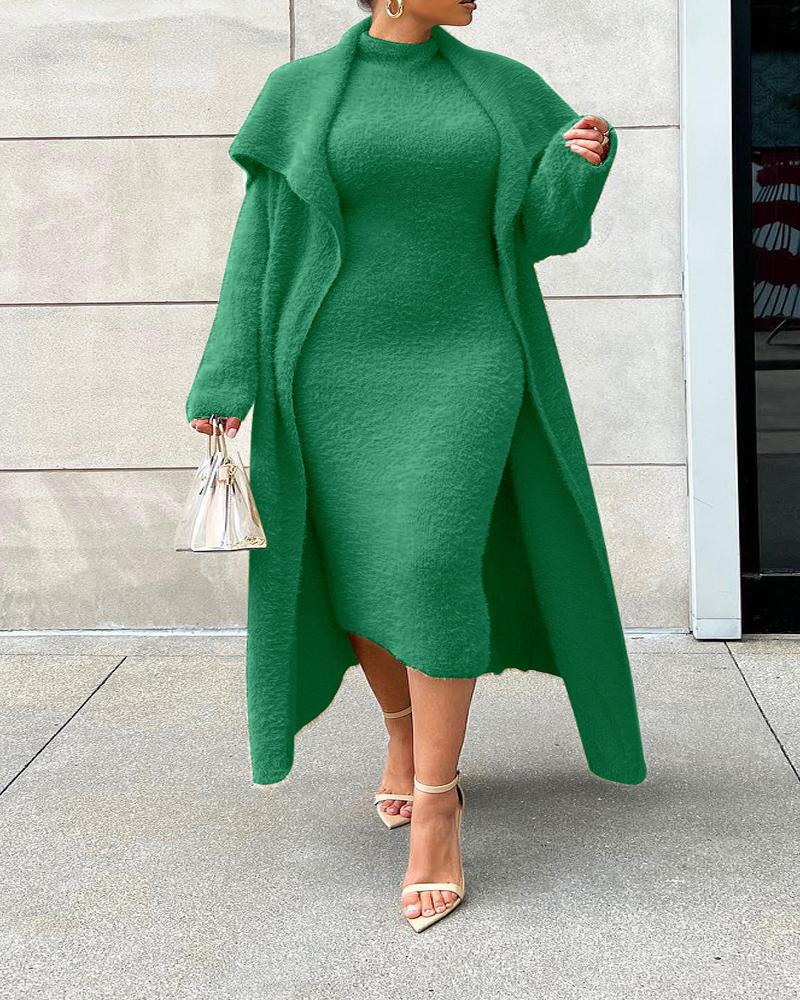 Plus Size Fluffy Midi Dress With Longline Coat