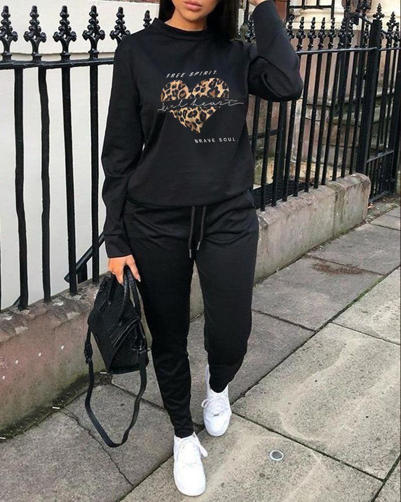 

Heart Letter Print Casual Top & Drawstring Pants Set, Black